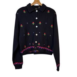 VTG Lizsport Hand Embroidered Tulip Motif Cardigan Sweater Size Large Granny NWT